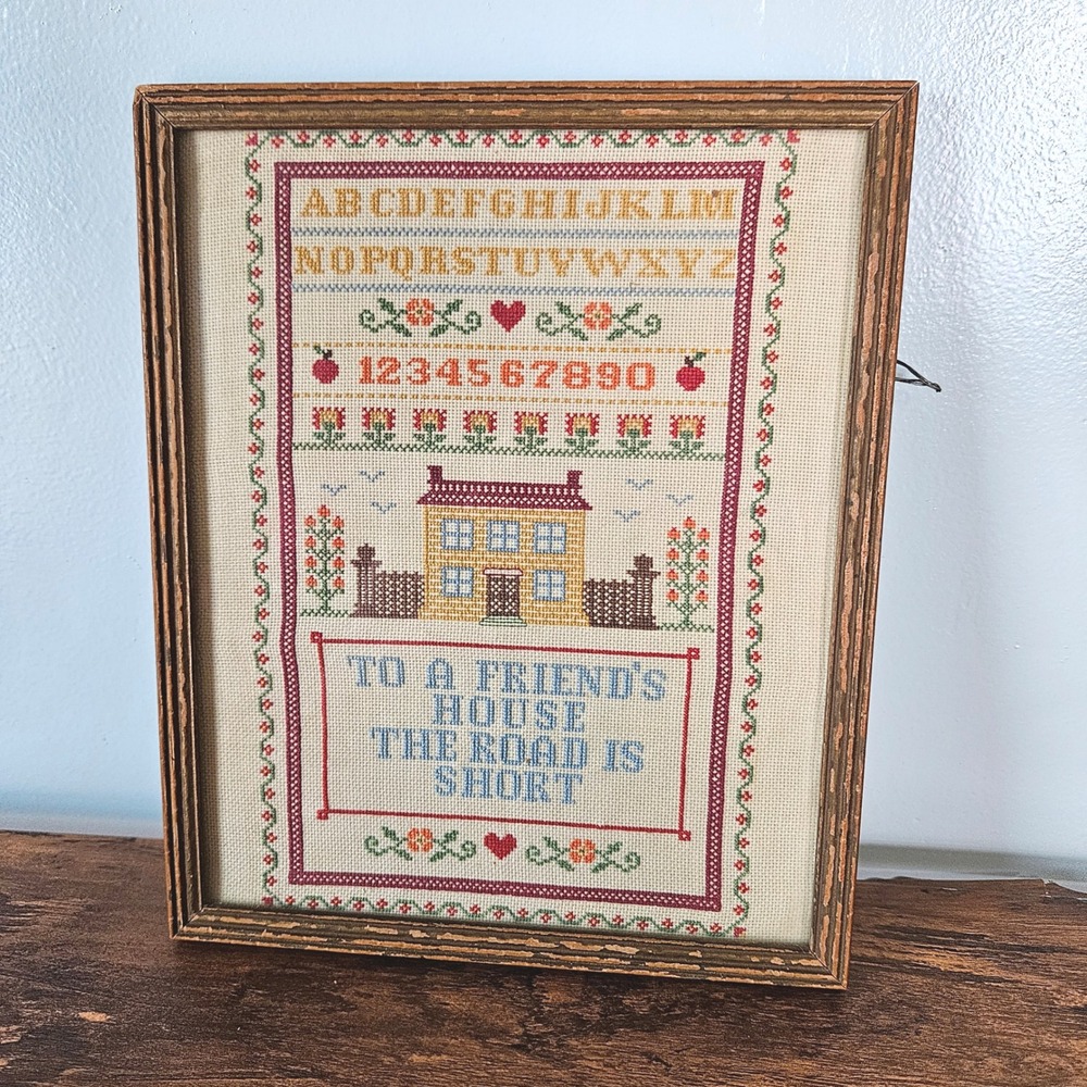 Vintage 1978 Handmade Cross Stitch Sampler Framed Wall Art Friendship Quote